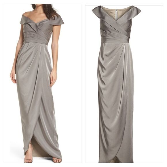 LA FEMME Surplice Off Shoulder Column Gown - Picture 1 of 15